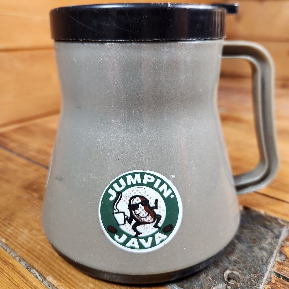 Vintage Aladdin Jumpin’ Java Gray Plastic Insulated Thermal Coffee Mug No Spill